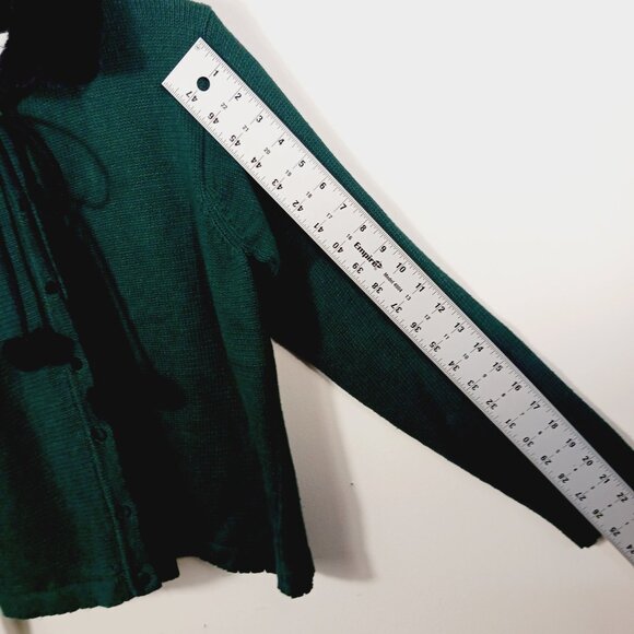 Vintage Marisa Christina Drk Green Cardigan Faux Fur Collar W Pom Christmas 2001 - Picture 12 of 15